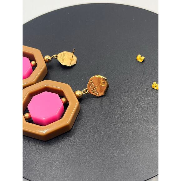 Kate Spade Pink Brown Resin Plastic Geometrical Hexagon Drop Pierced Earrings - Picture 7 of 10